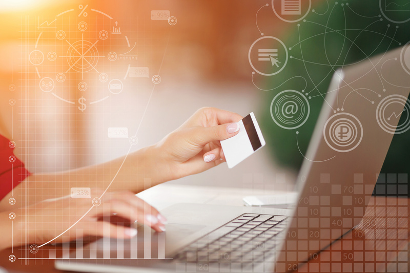 Hands holding credit card and using laptop. Female hands making online payment. Purchase and Buy online. Online shopping. Business infographic