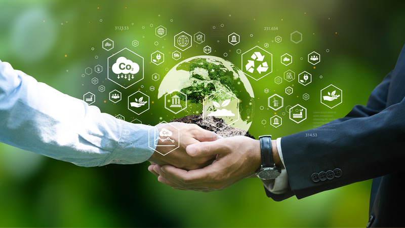 environment earth day In the hands of a businessman handing a planted tree ESG icon concept, environment, society and governance. Sustainable and ethical natural gas business energy networking on green background